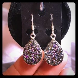 Rainbow Druzy teardrop sterling silver earrings